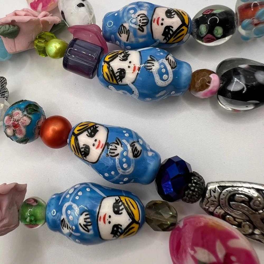 Geisha‎ Multi Strand Beaded Necklace Porcelain Lampwork Fish Nesting Doll Floral